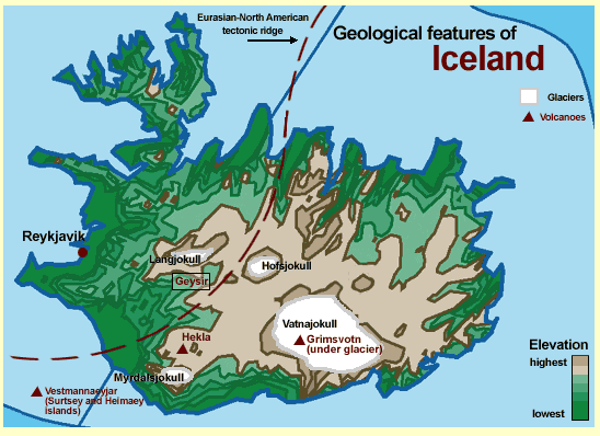 This map identifies two of Iceland's prominent geological features: glaciers 